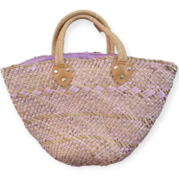 Woven Straw Tote Bag - Tan and Purple - Picture 3 of 5